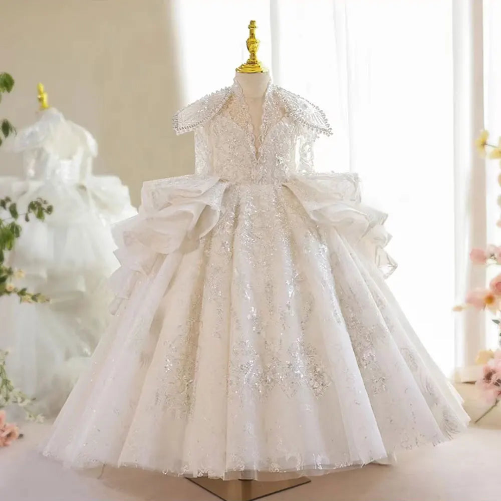 DreamyVow Luxury White Girl Dress Beaded Sequined Dubai Kids Princess Birthday Wedding Party First Communion Long Gown 2024 J213-DreamyVow