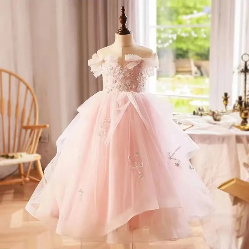 DreamyVow Luxury White Girl Dress Beaded Sequined Dubai Kids Princess Pink Birthday Wedding Party First Communion Gown 2024 J214-DreamyVow