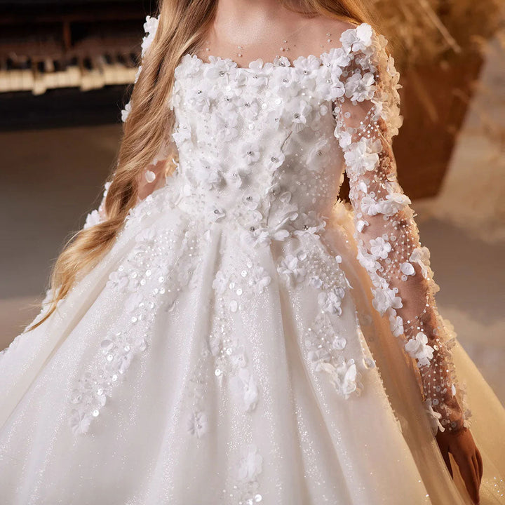 DreamyVow Luxury Wihte Flower Girl Dress 3D FLowers Elegant Princess Kids Wedding Birthday First Communion Party Gown 2024 J268-DreamyVow