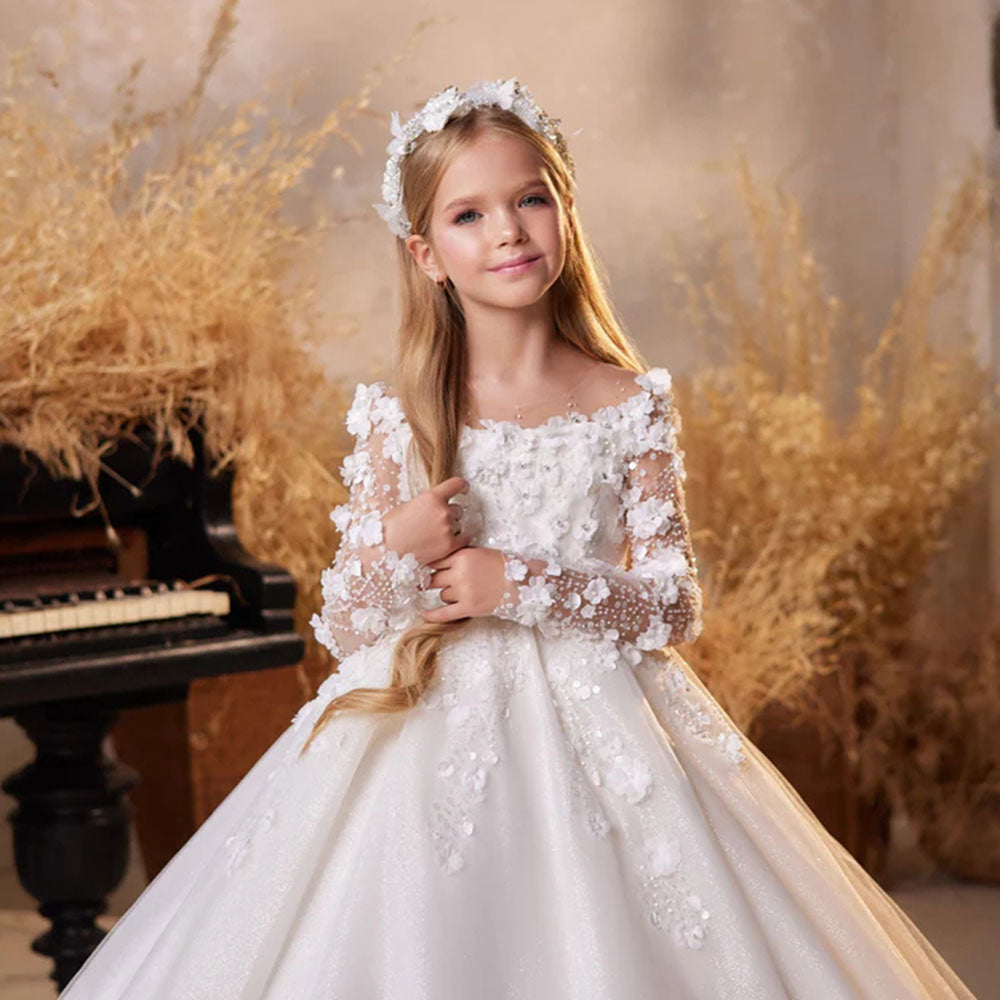 DreamyVow Luxury Wihte Flower Girl Dress 3D FLowers Elegant Princess Kids Wedding Birthday First Communion Party Gown 2024 J268-DreamyVow