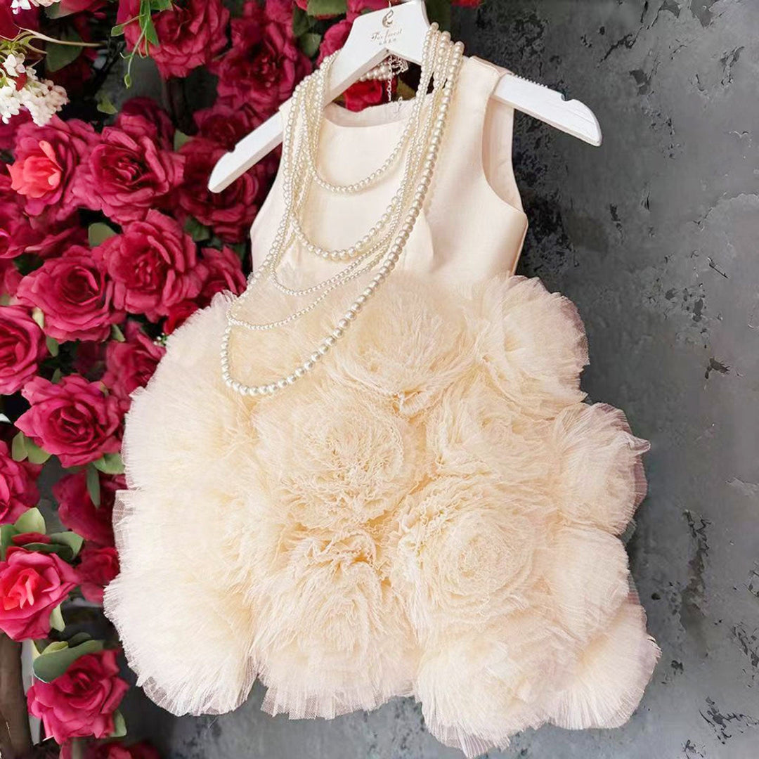 DreamyVow Mini Dubai Champagne Flower Girl Dresses Satin Handmade Flowers Baby Kids Birthday Wedding Party Gown Pageant J105-DreamyVow