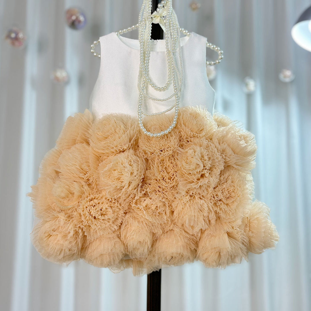 DreamyVow Mini Dubai Champagne Flower Girl Dresses Satin Handmade Flowers Baby Kids Birthday Wedding Party Gown Pageant J105-DreamyVow