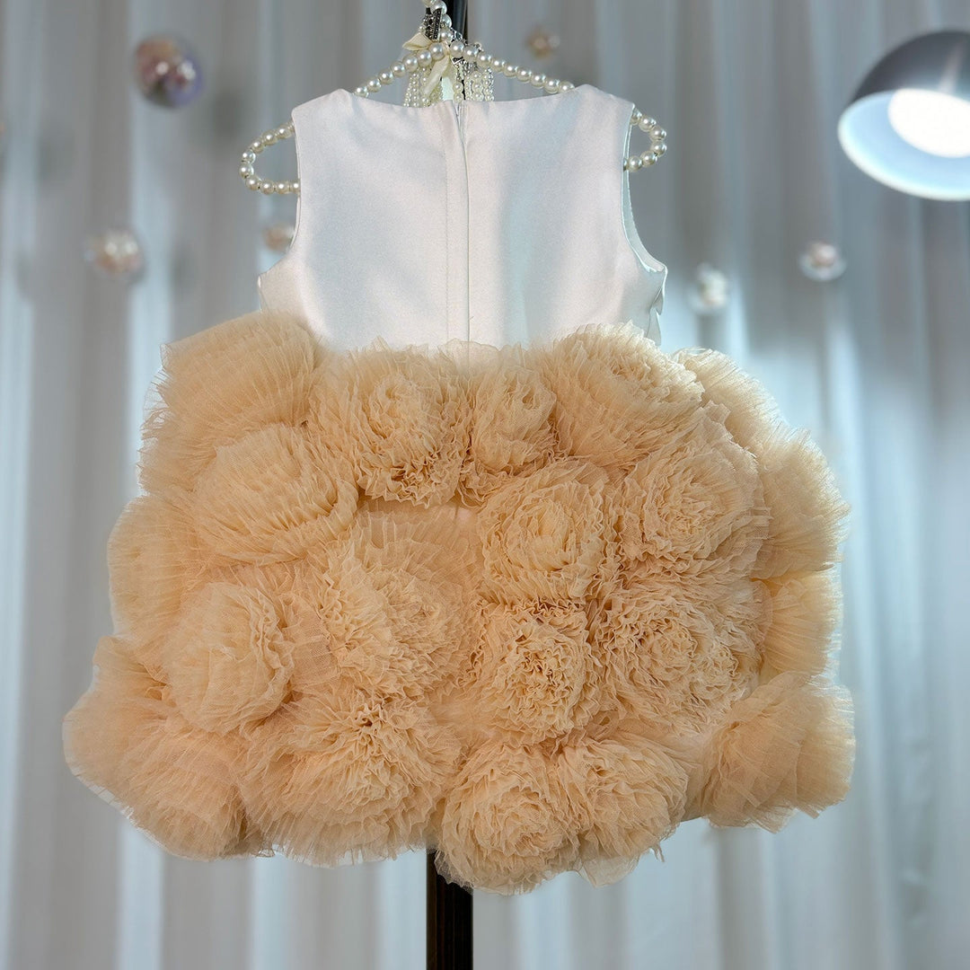 DreamyVow Mini Dubai Champagne Flower Girl Dresses Satin Handmade Flowers Baby Kids Birthday Wedding Party Gown Pageant J105-DreamyVow