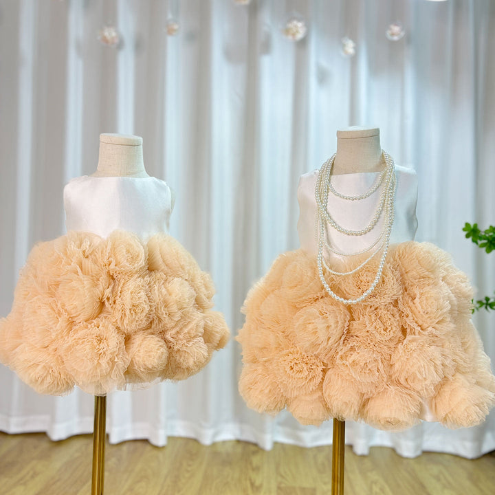 DreamyVow Mini Dubai Champagne Flower Girl Dresses Satin Handmade Flowers Baby Kids Birthday Wedding Party Gown Pageant J105-DreamyVow