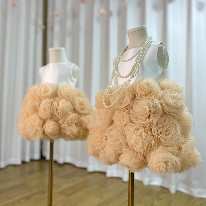 DreamyVow Mini Dubai Champagne Flower Girl Dresses Satin Handmade Flowers Baby Kids Birthday Wedding Party Gown Pageant J105-DreamyVow