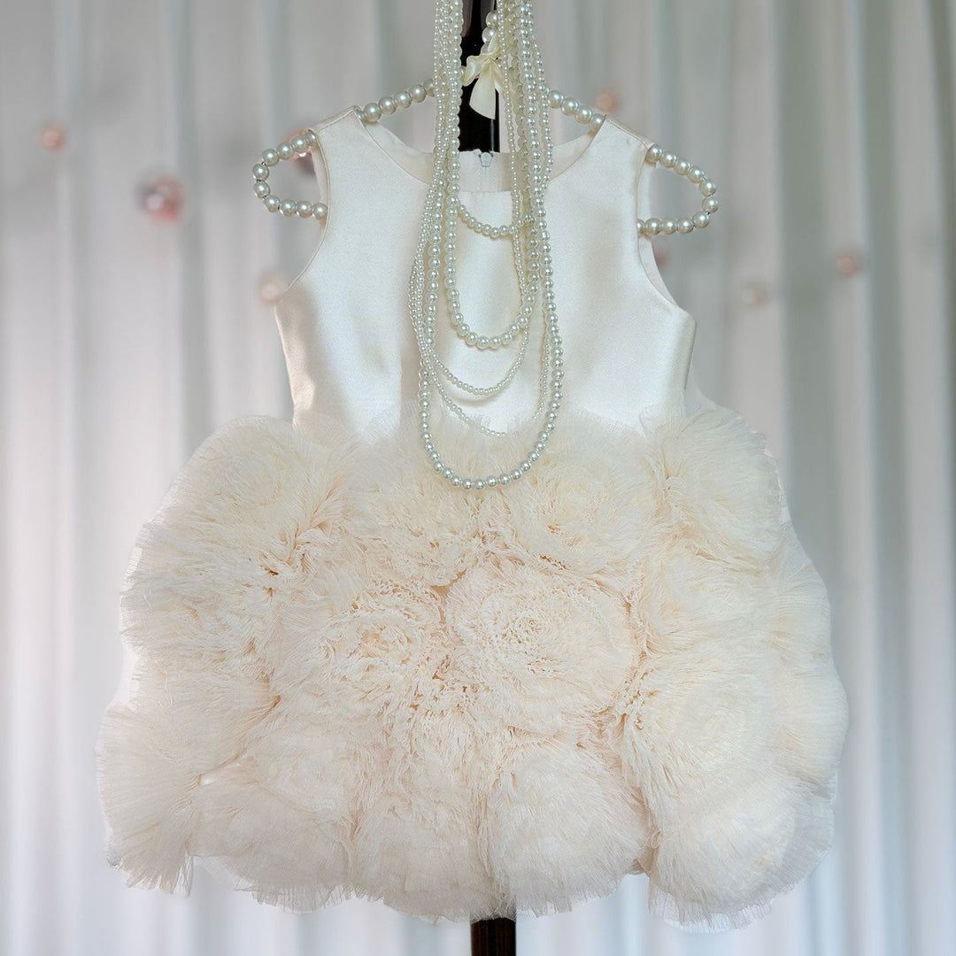 DreamyVow Mini Dubai Champagne Flower Girl Dresses Satin Handmade Flowers Baby Kids Birthday Wedding Party Gown Pageant J105-DreamyVow