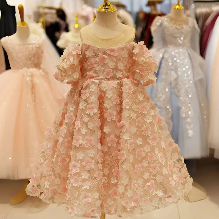 DreamyVow Pink Floral Girl Dress Handmade Flower Pearls Beading Arabic Formal Gown for Kids Wedding Birthday Party Pageant J013-DreamyVow