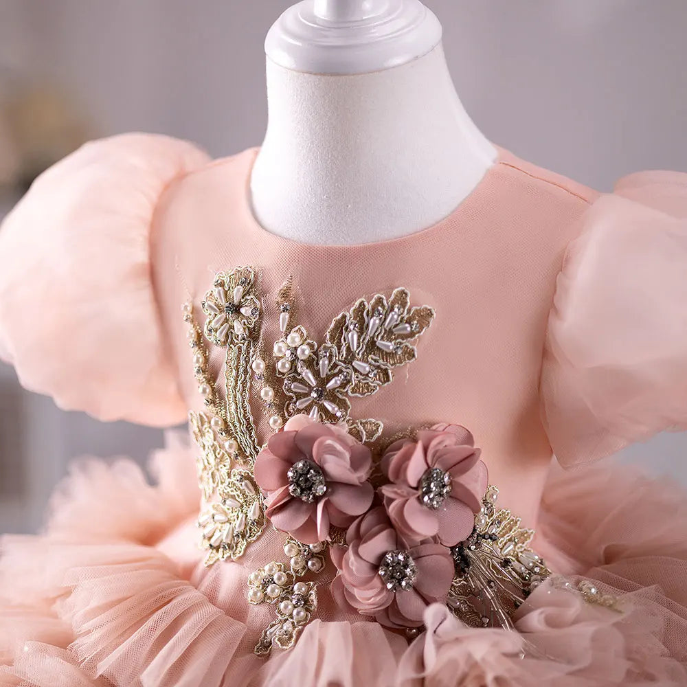 DreamyVow Pink Luxury Flower Girl Dress Hand Flower Pearls Beads Ball Gown for Baby Birthday Wedding Party Performance J401-DreamyVow