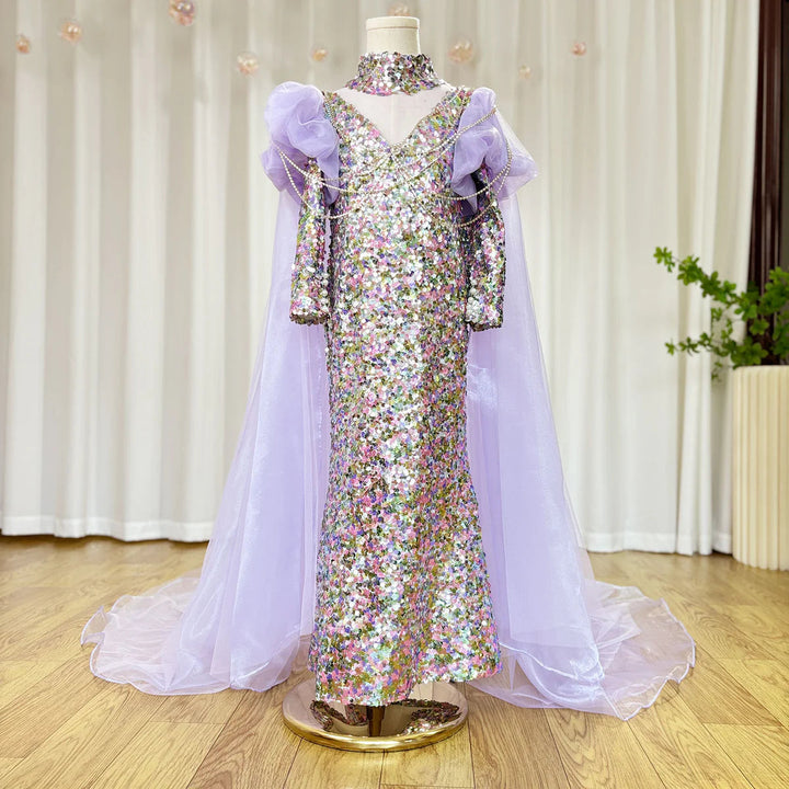 DreamyVow Shiny Lilac Girl Dress Sequined with Cap Kids Princess Gown for Birthday Wedding Holy Communion Party Honors Day J076-DreamyVow