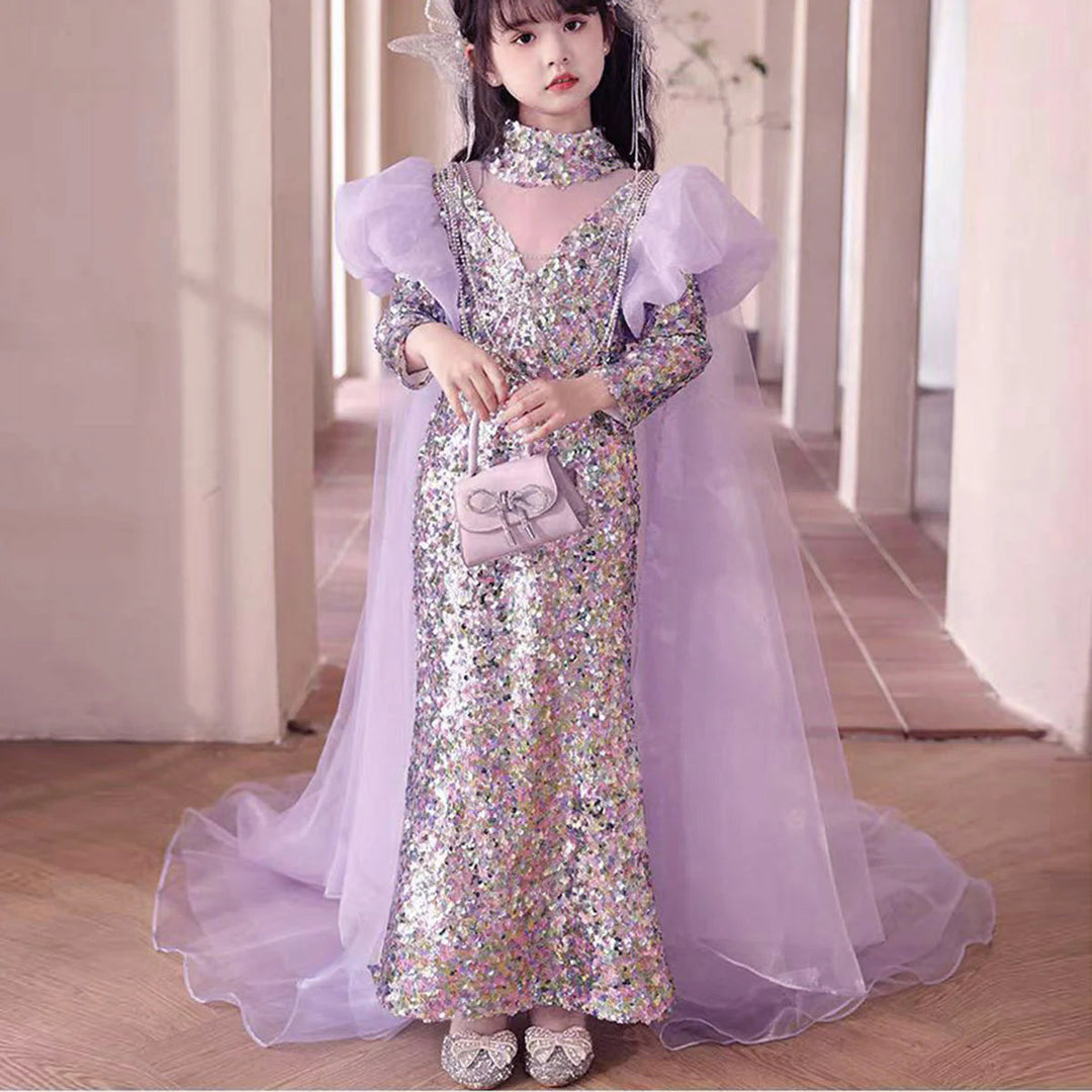 DreamyVow Shiny Lilac Girl Dress Sequined with Cap Kids Princess Gown for Birthday Wedding Holy Communion Party Honors Day J076-DreamyVow