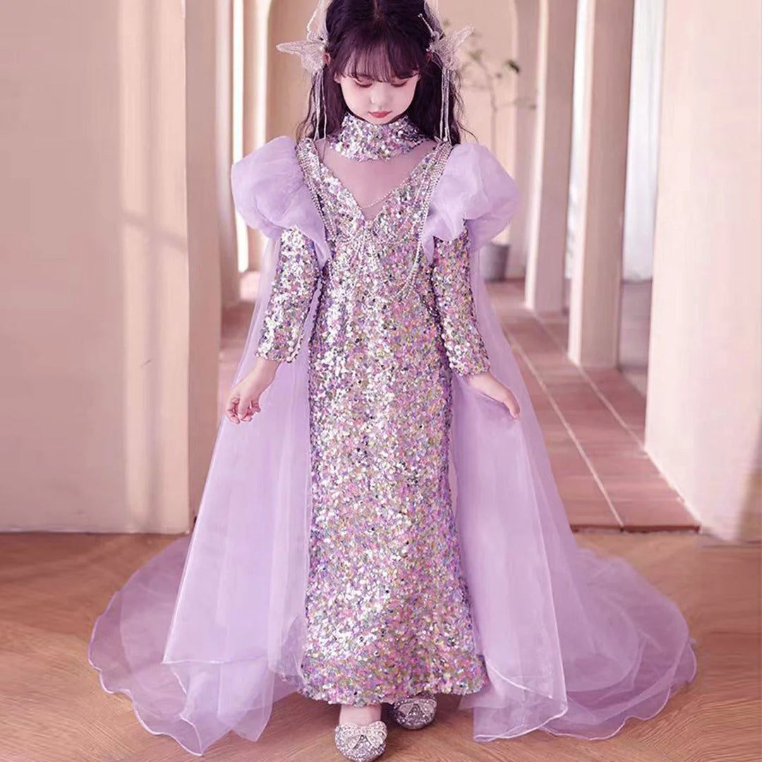 DreamyVow Shiny Lilac Girl Dress Sequined with Cap Kids Princess Gown for Birthday Wedding Holy Communion Party Honors Day J076-DreamyVow