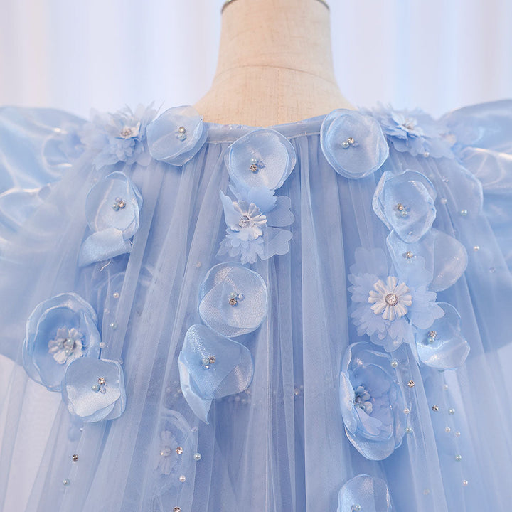 DreamyVow Sky Blue Arabic Flower Girl Dresses Crystal with Cape 3D Flowers Puff Sleeves for Kids Wedding Birthday Party J098-DreamyVow