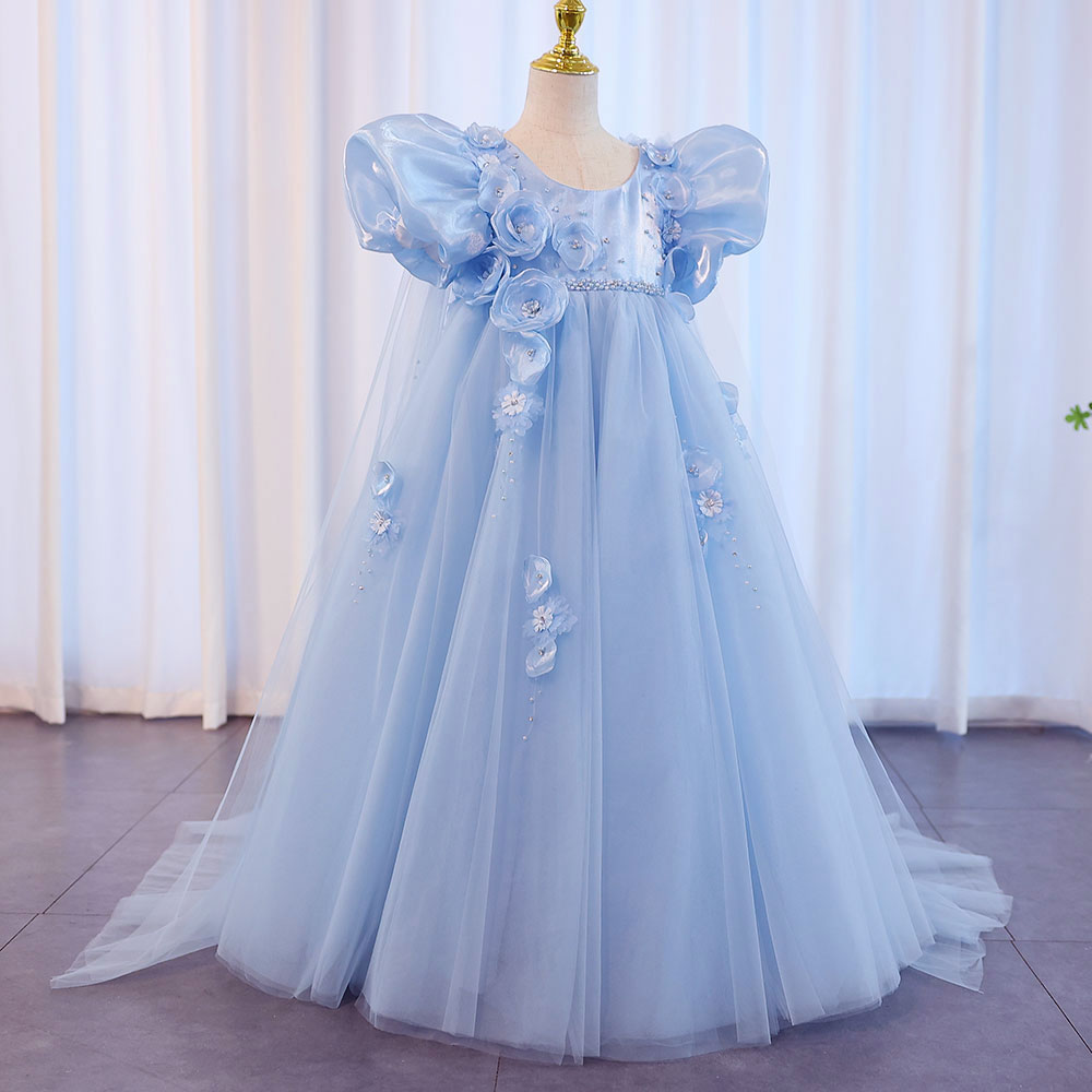 DreamyVow Sky Blue Arabic Flower Girl Dresses Crystal with Cape 3D Flowers Puff Sleeves for Kids Wedding Birthday Party J098-DreamyVow