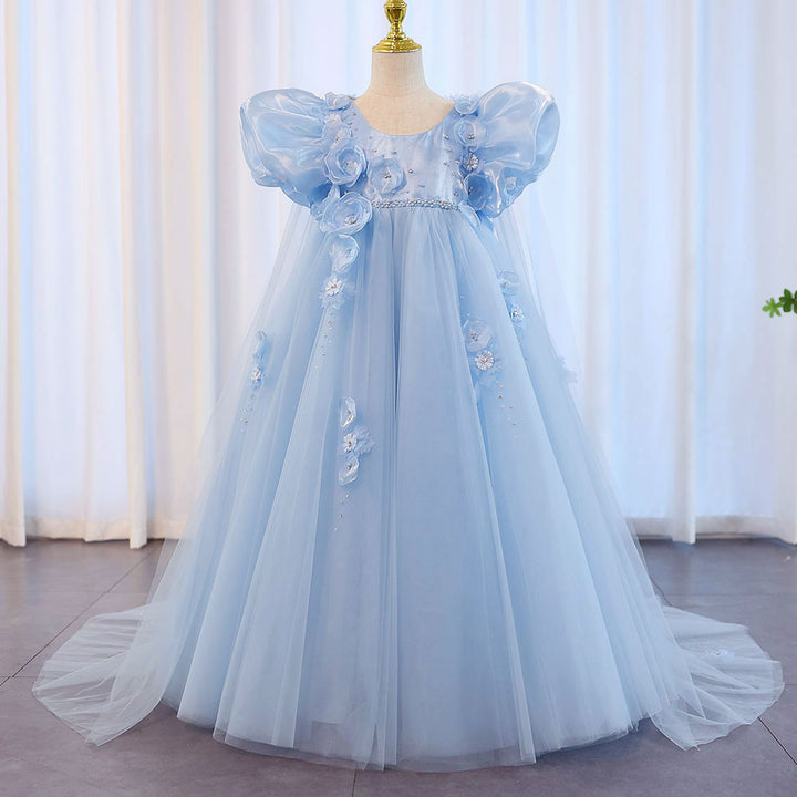 DreamyVow Sky Blue Arabic Flower Girl Dresses Crystal with Cape 3D Flowers Puff Sleeves for Kids Wedding Birthday Party J098-DreamyVow