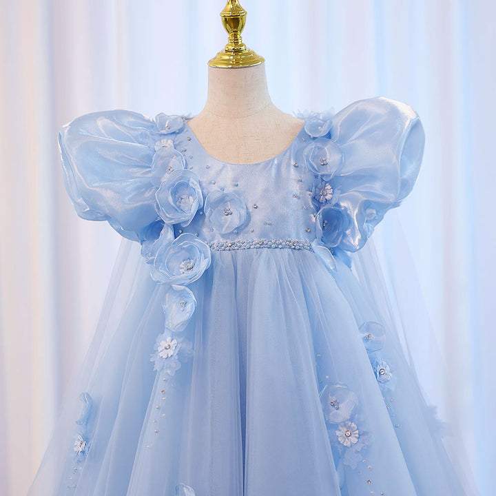 DreamyVow Sky Blue Arabic Flower Girl Dresses Crystal with Cape 3D Flowers Puff Sleeves for Kids Wedding Birthday Party J098-DreamyVow