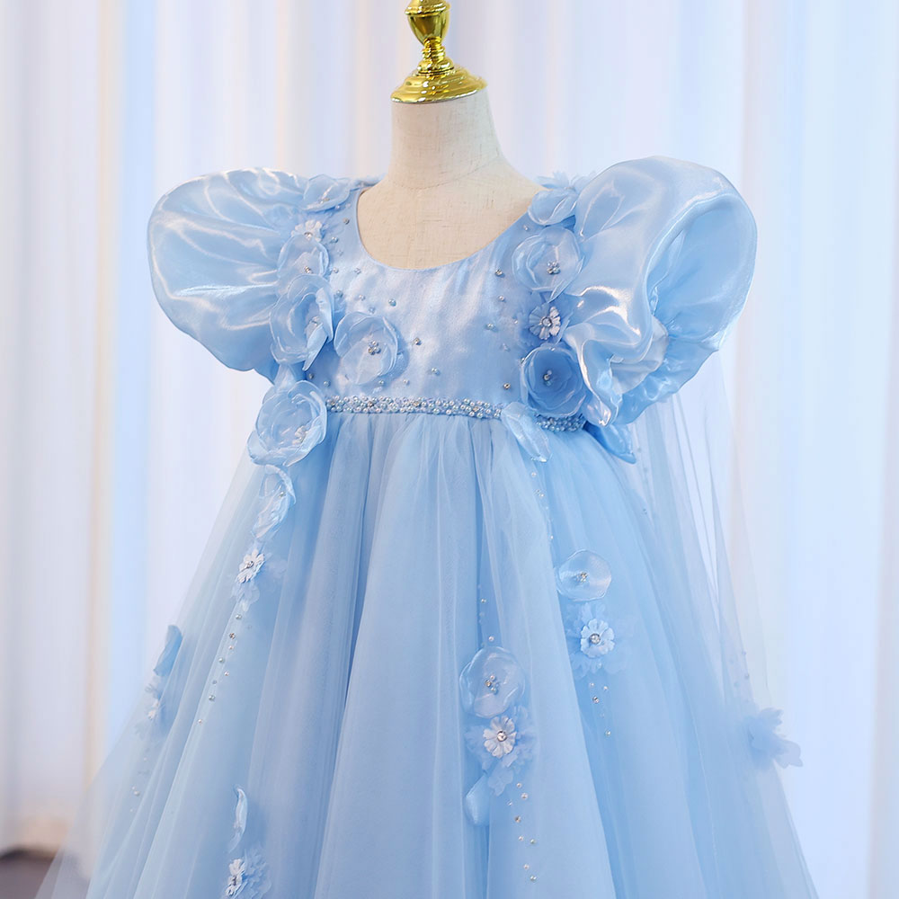 DreamyVow Sky Blue Arabic Flower Girl Dresses Crystal with Cape 3D Flowers Puff Sleeves for Kids Wedding Birthday Party J098-DreamyVow