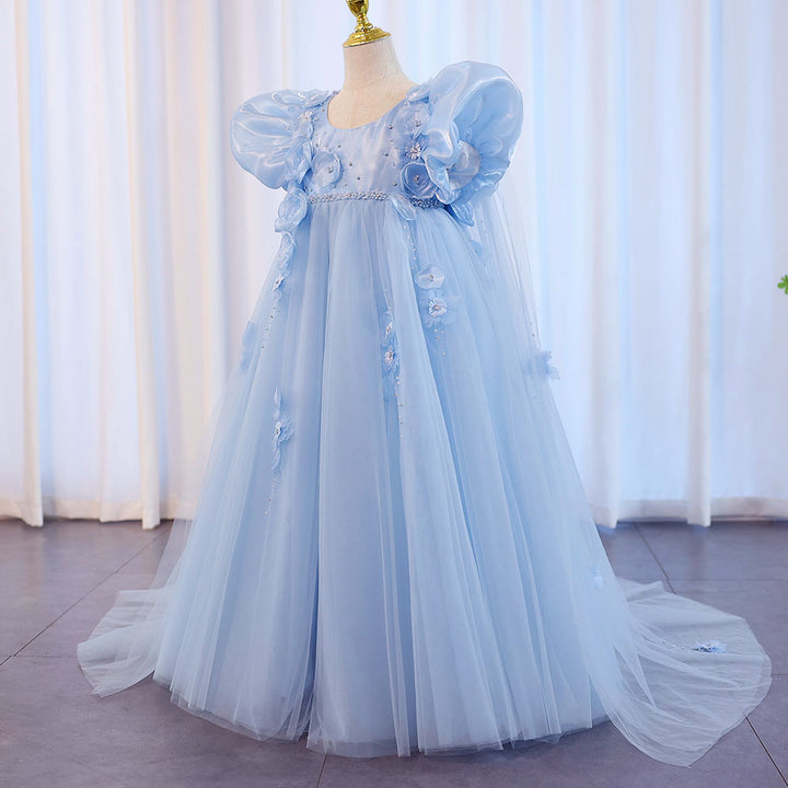 DreamyVow Sky Blue Arabic Flower Girl Dresses Crystal with Cape 3D Flowers Puff Sleeves for Kids Wedding Birthday Party J098-DreamyVow