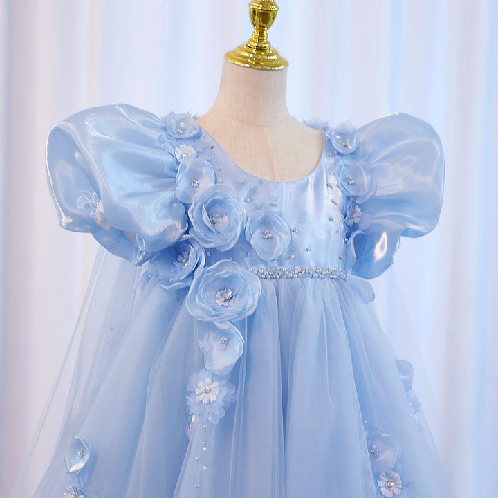 DreamyVow Sky Blue Arabic Flower Girl Dresses Crystal with Cape 3D Flowers Puff Sleeves for Kids Wedding Birthday Party J098-DreamyVow