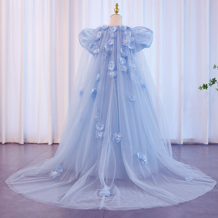 DreamyVow Sky Blue Arabic Flower Girl Dresses Crystal with Cape 3D Flowers Puff Sleeves for Kids Wedding Birthday Party J098-DreamyVow