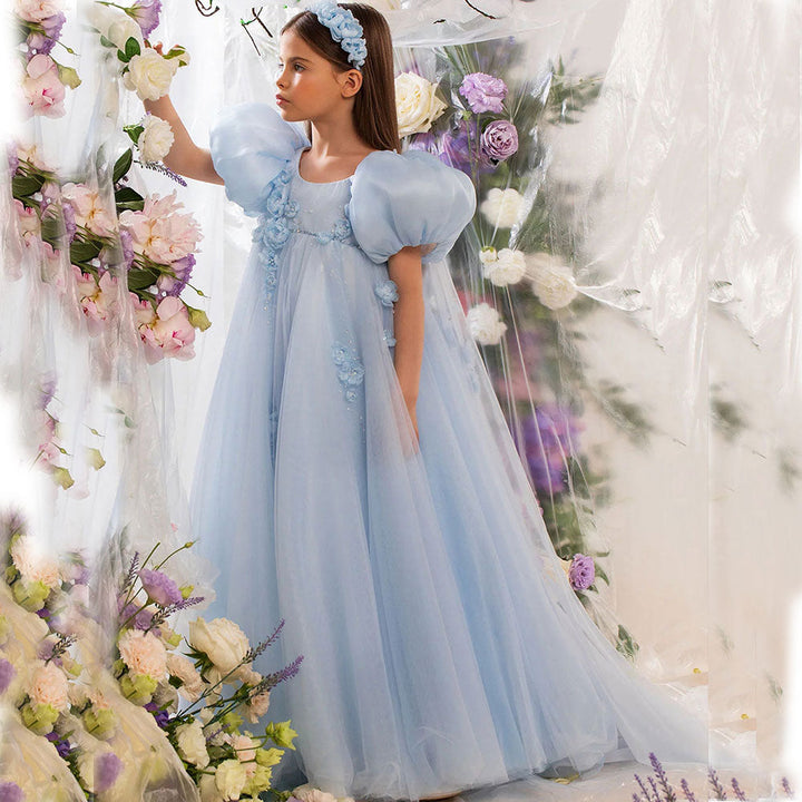 DreamyVow Sky Blue Arabic Flower Girl Dresses Crystal with Cape 3D Flowers Puff Sleeves for Kids Wedding Birthday Party J098-DreamyVow