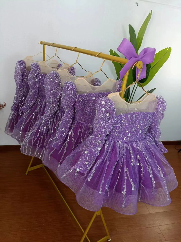 DreamyVow Sparkly Arabic Girl Dress Beading Purple Baby Kids Princess Birthday Wedding Party Children Holiday Gown 2024 J204-DreamyVow