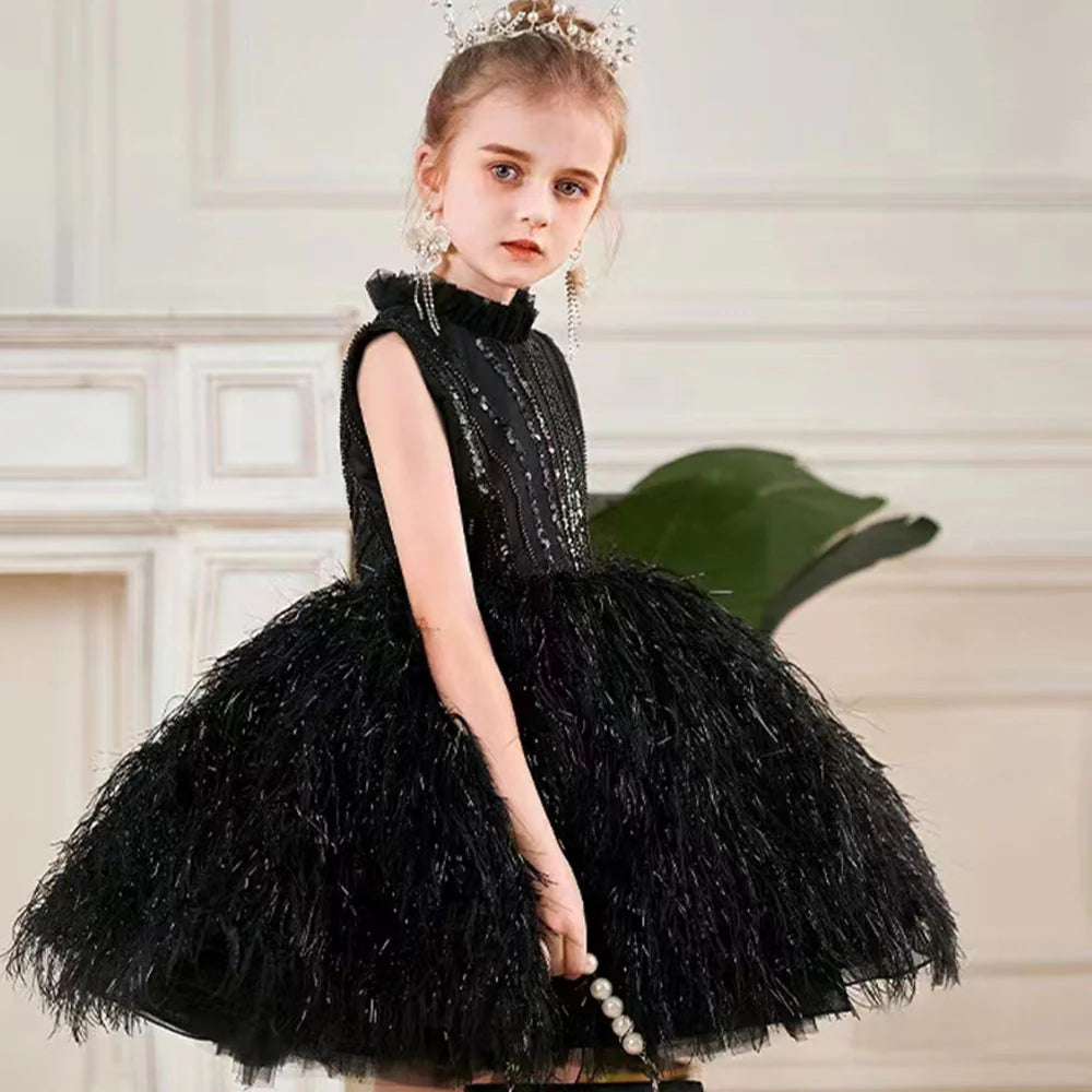 DreamyVow Sparkly Black Arabic Girl Dress Feathers Baby Kids Princess Birthday Wedding Party Children Holiday Gown 2024 J175-DreamyVow