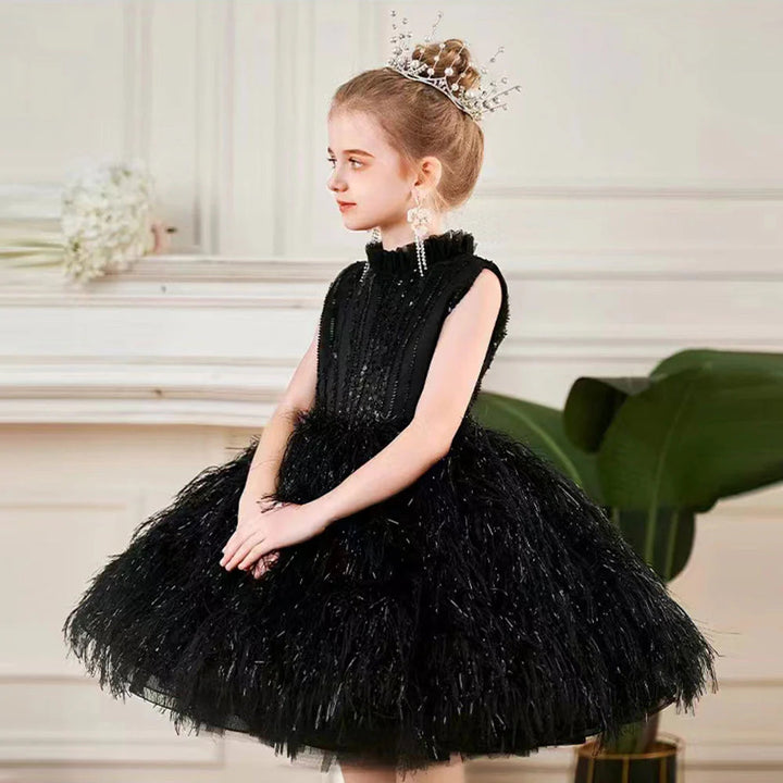 DreamyVow Sparkly Black Arabic Girl Dress Feathers Baby Kids Princess Birthday Wedding Party Children Holiday Gown 2024 J175-DreamyVow