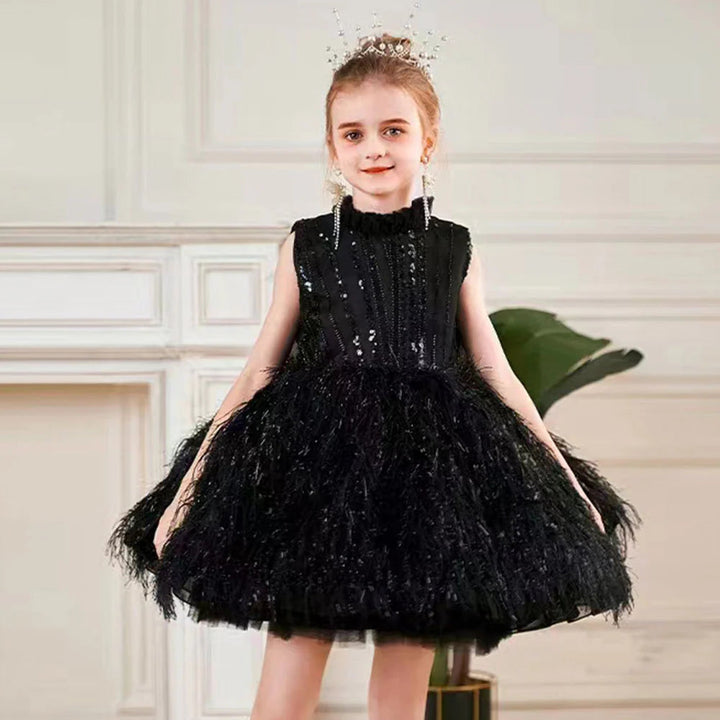 DreamyVow Sparkly Black Arabic Girl Dress Feathers Baby Kids Princess Birthday Wedding Party Children Holiday Gown 2024 J175-DreamyVow