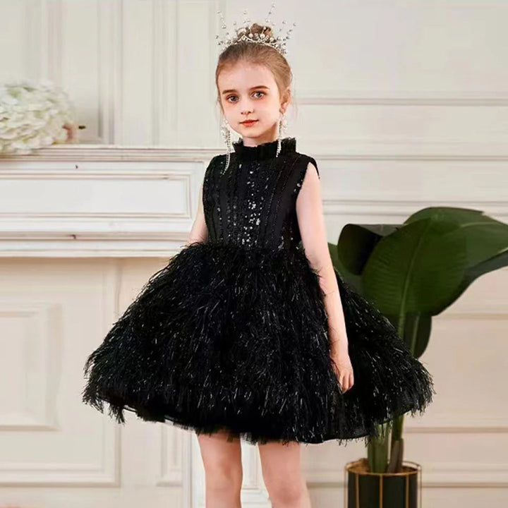 DreamyVow Sparkly Black Arabic Girl Dress Feathers Baby Kids Princess Birthday Wedding Party Children Holiday Gown 2024 J175-DreamyVow