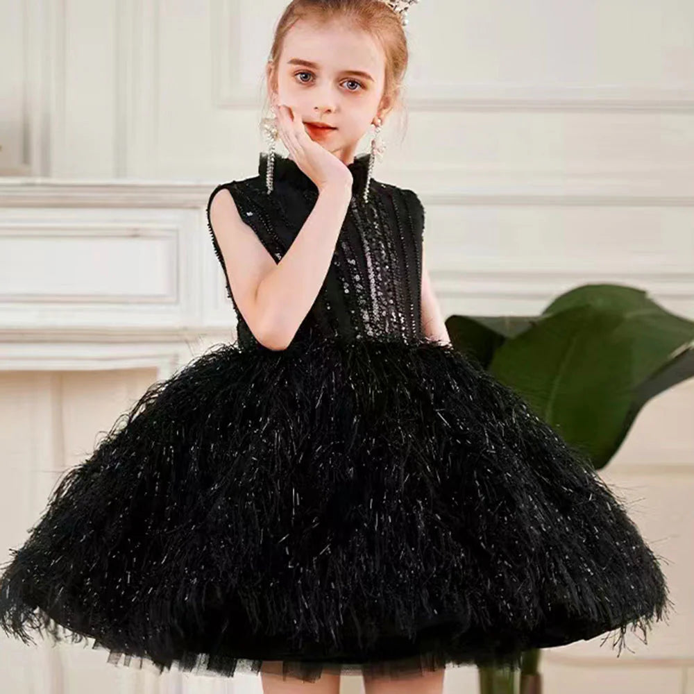 DreamyVow Sparkly Black Arabic Girl Dress Feathers Baby Kids Princess Birthday Wedding Party Children Holiday Gown 2024 J175-DreamyVow