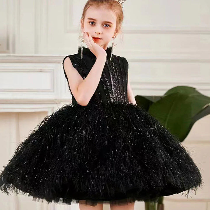 DreamyVow Sparkly Black Arabic Girl Dress Feathers Baby Kids Princess Birthday Wedding Party Children Holiday Gown 2024 J175-DreamyVow