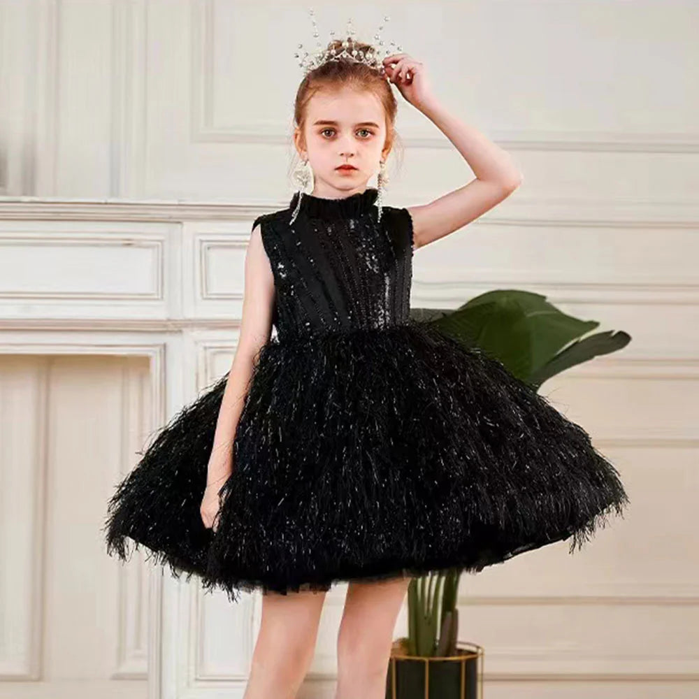 DreamyVow Sparkly Black Arabic Girl Dress Feathers Baby Kids Princess Birthday Wedding Party Children Holiday Gown 2024 J175-DreamyVow