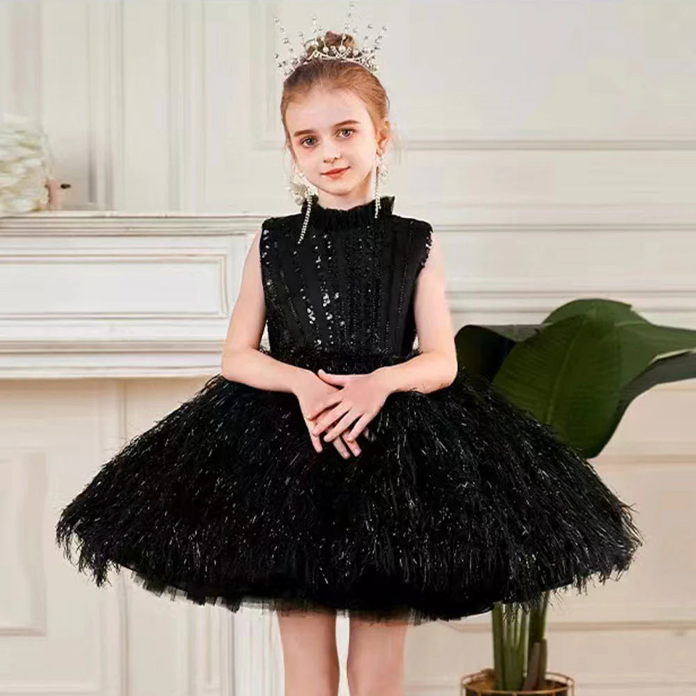 DreamyVow Sparkly Black Arabic Girl Dress Feathers Baby Kids Princess Birthday Wedding Party Children Holiday Gown 2024 J175-DreamyVow