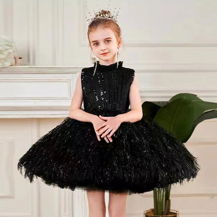 DreamyVow Sparkly Black Arabic Girl Dress Feathers Baby Kids Princess Birthday Wedding Party Children Holiday Gown 2024 J175-DreamyVow