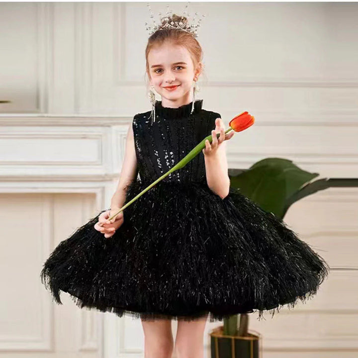 DreamyVow Sparkly Black Arabic Girl Dress Feathers Baby Kids Princess Birthday Wedding Party Children Holiday Gown 2024 J175-DreamyVow