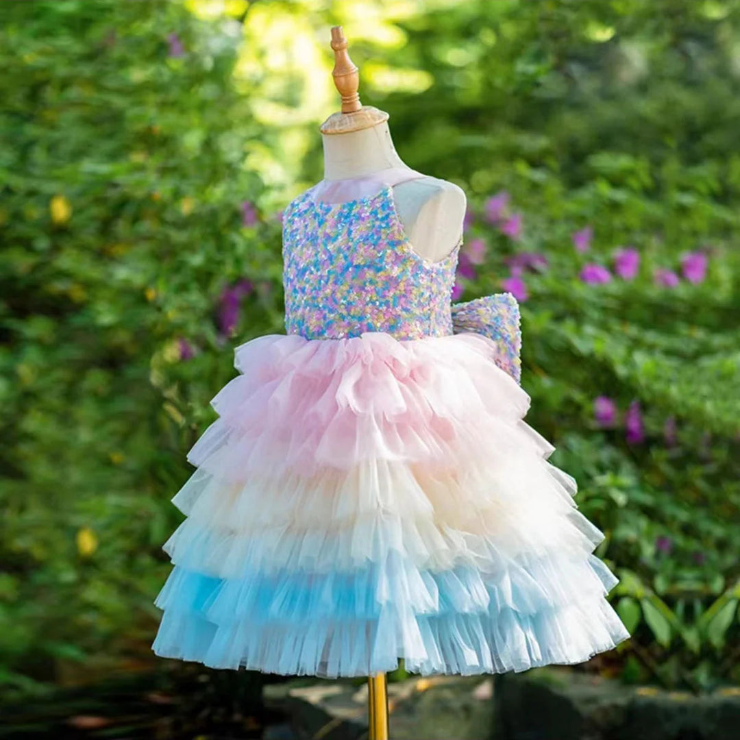 DreamyVow Sparkly Flower Girl Dress Tiered Bow Elegant Kids Princess Birthday Wedding Party Children Holiday Pageant Gown J004-DreamyVow