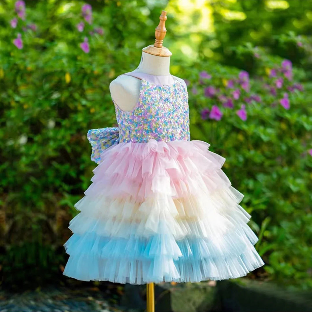 DreamyVow Sparkly Flower Girl Dress Tiered Bow Elegant Kids Princess J