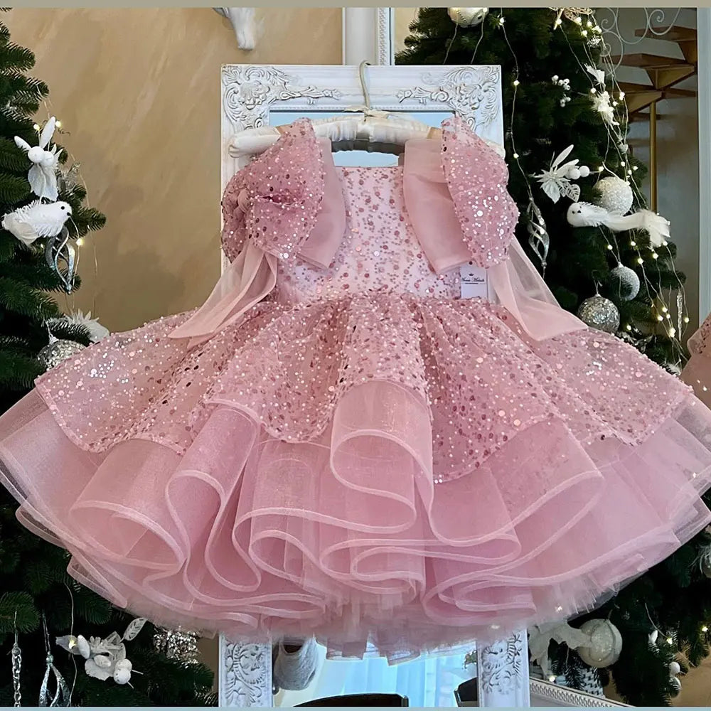 DreamyVow Sparkly White Girl Dress Big Bow Champagne Pink Princess Kids Wedding Birthday Party Gown First Communion Pageant J343-DreamyVow