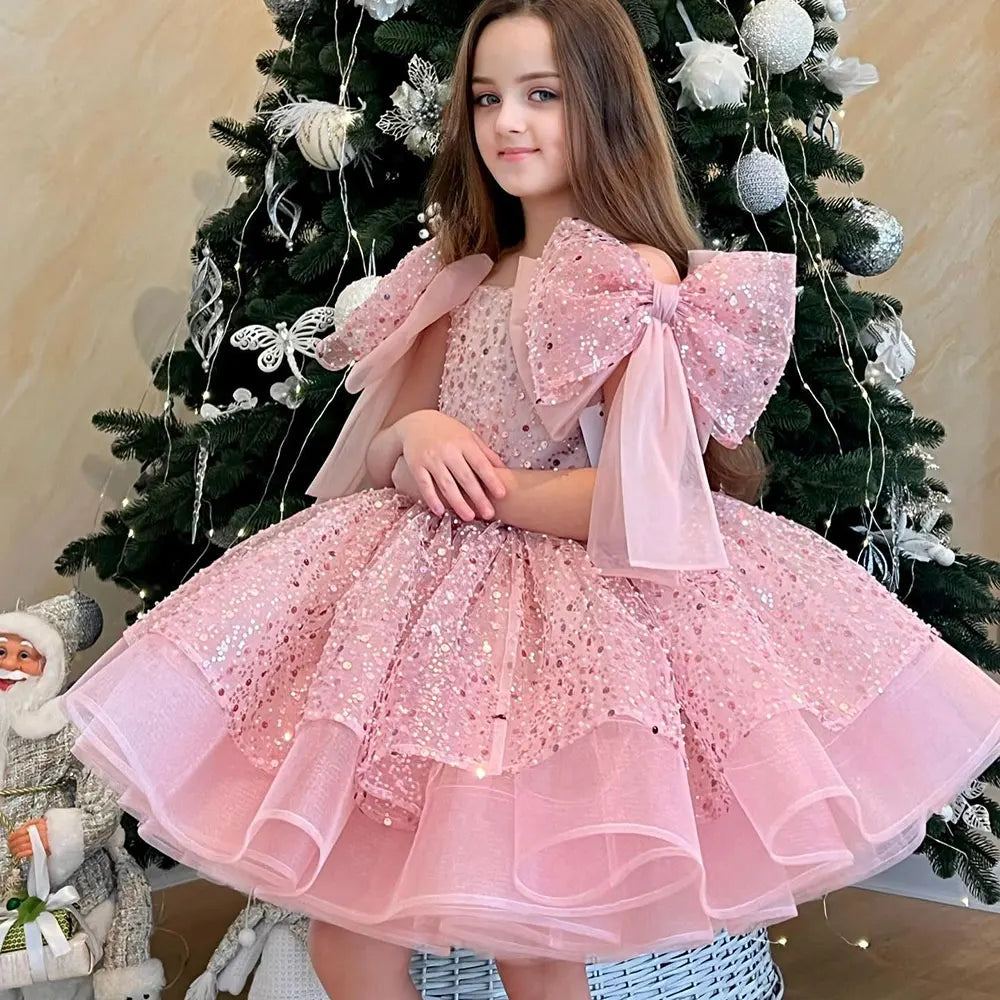 DreamyVow Sparkly White Girl Dress Big Bow Champagne Pink Princess Kids Wedding Birthday Party Gown First Communion Pageant J343-DreamyVow