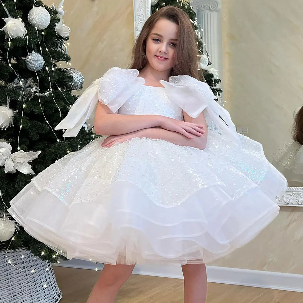 DreamyVow Sparkly White Girl Dress Big Bow Champagne Pink Princess Kids Wedding Birthday Party Gown First Communion Pageant J343-DreamyVow