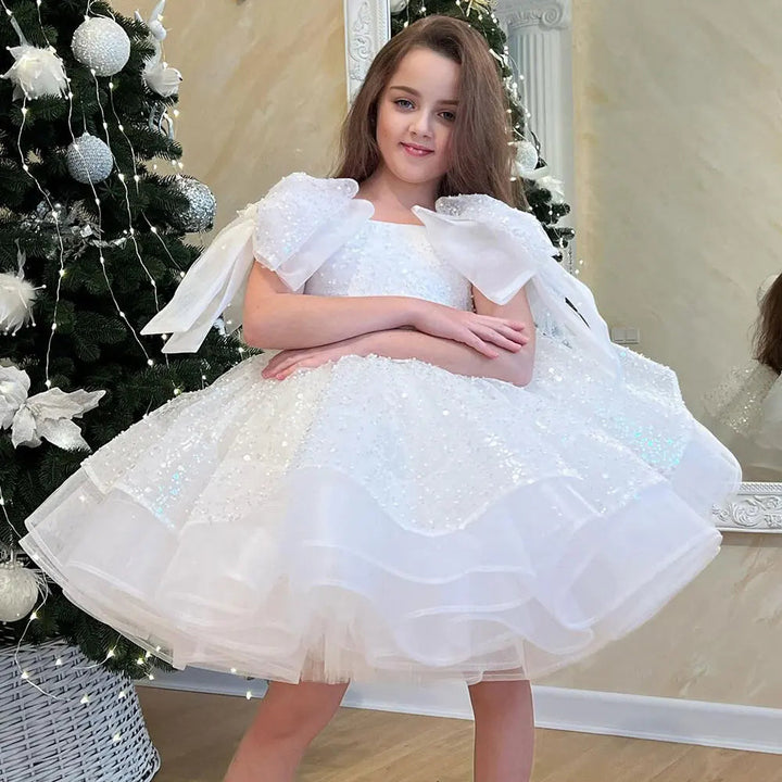 DreamyVow Sparkly White Girl Dress Big Bow Champagne Pink Princess Kids Wedding Birthday Party Gown First Communion Pageant J343-DreamyVow