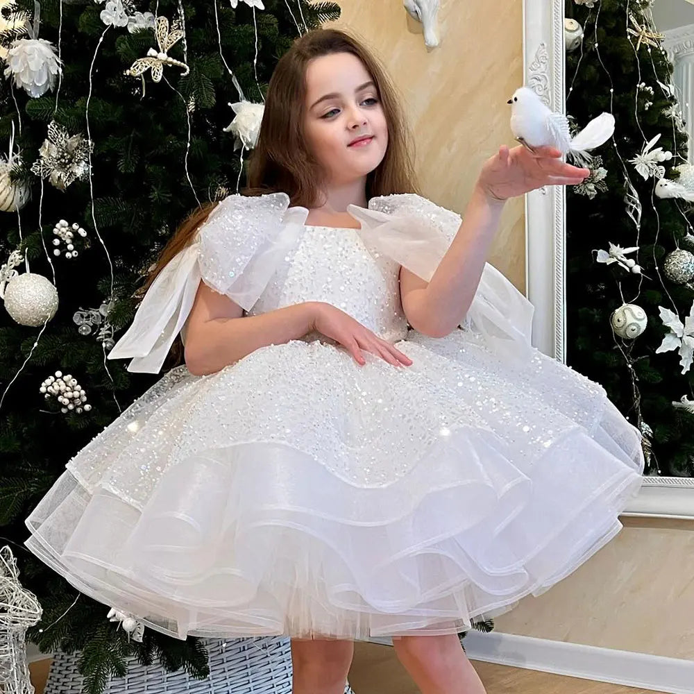 DreamyVow Sparkly White Girl Dress Big Bow Champagne Pink Princess Kids Wedding Birthday Party Gown First Communion Pageant J343-DreamyVow