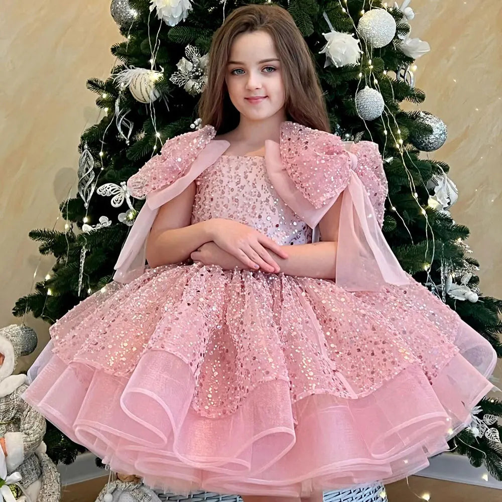 DreamyVow Sparkly White Girl Dress Big Bow Champagne Pink Princess Kids Wedding Birthday Party Gown First Communion Pageant J343-DreamyVow