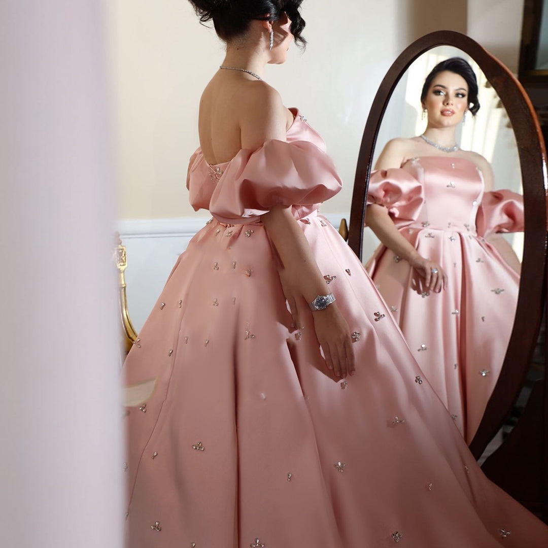 Dreamy Vow Arabic Women Blush Pink Satin Dubai Evening Dresses with Cap Sleeves Crystal Wedding Party Gowns SS442