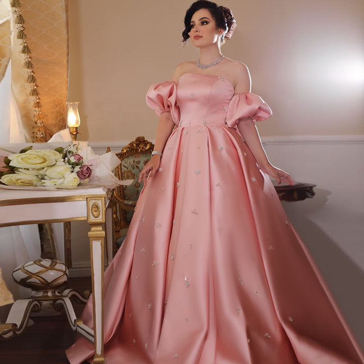 Dreamy Vow Arabic Women Blush Pink Satin Dubai Evening Dresses with Cap Sleeves Crystal Wedding Party Gowns SS442