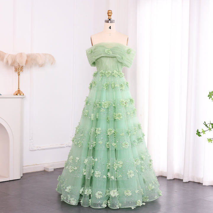 Dreamy Vow Luxury Sage Green 3D Flowers Dubai Evening Dress with Cape Elegant Swetheart Arabic Women Wedding Party Gowns SS346