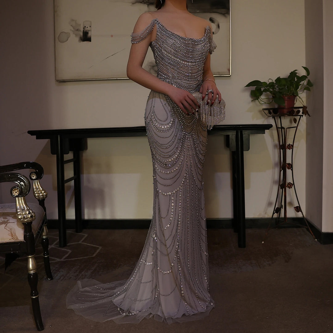 Dreamy Vow Luxury Crystal Silver Gray Mermaid Dubai Evening Dresses for Women Wedding Long Black Girls Prom Party Gowns SS403