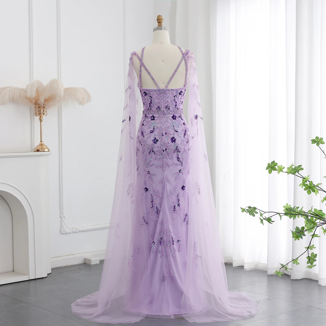 Luxury Dubai Lilac Arabic Evening Dresses with Cape Sleeves Gowns SS370