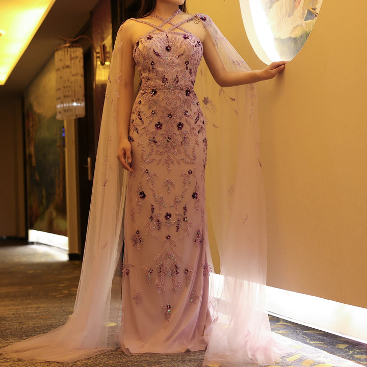 Luxury Dubai Lilac Arabic Evening Dresses with Cape Sleeves Gowns SS370