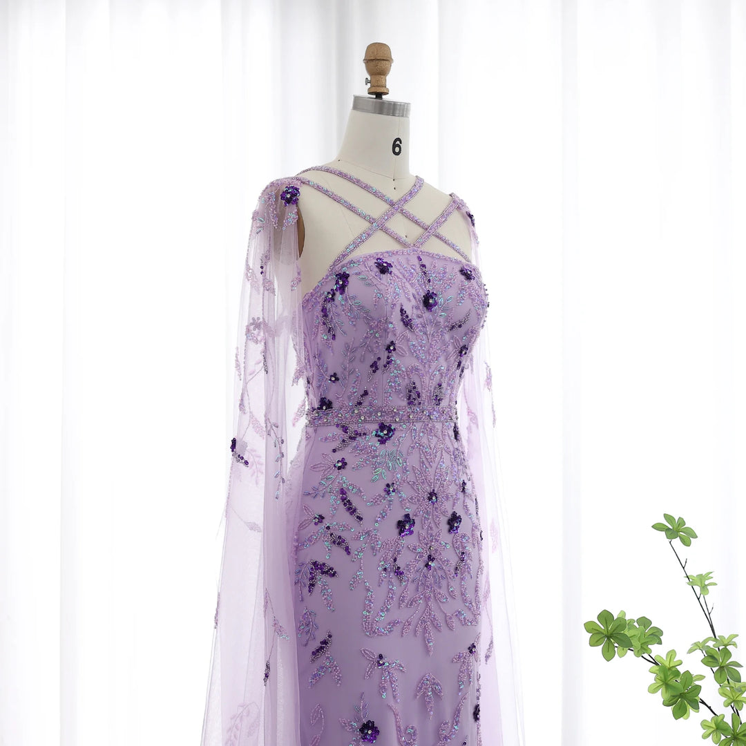 Luxury Dubai Lilac Arabic Evening Dresses with Cape Sleeves Gowns SS370